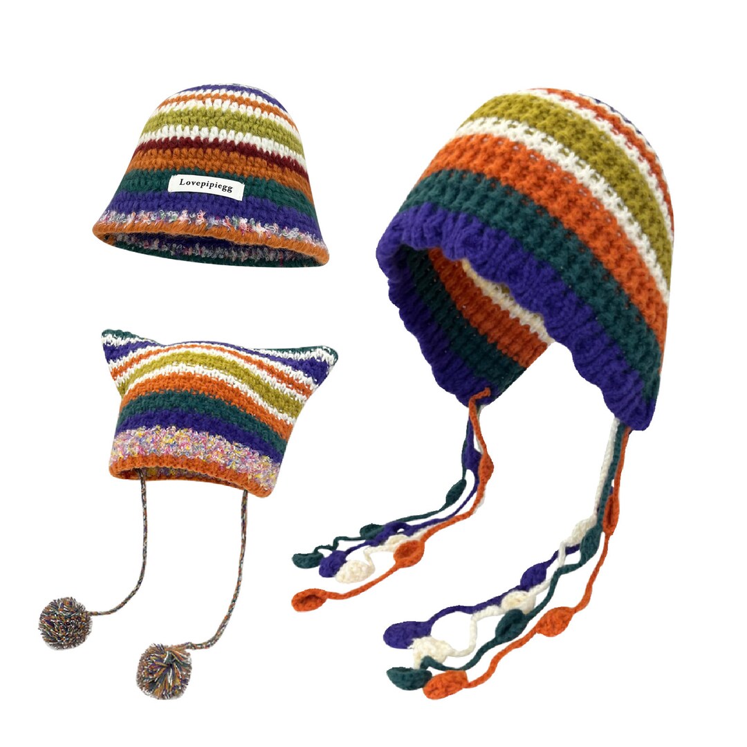 Multicolor Knitted Hats Crocheted Hats Handmade Crochet Etsy