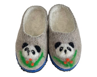 Panda wool slippers. For all family members. Breathable, comfortable and adapts to feet shape. Handcrafted by organic wool with love