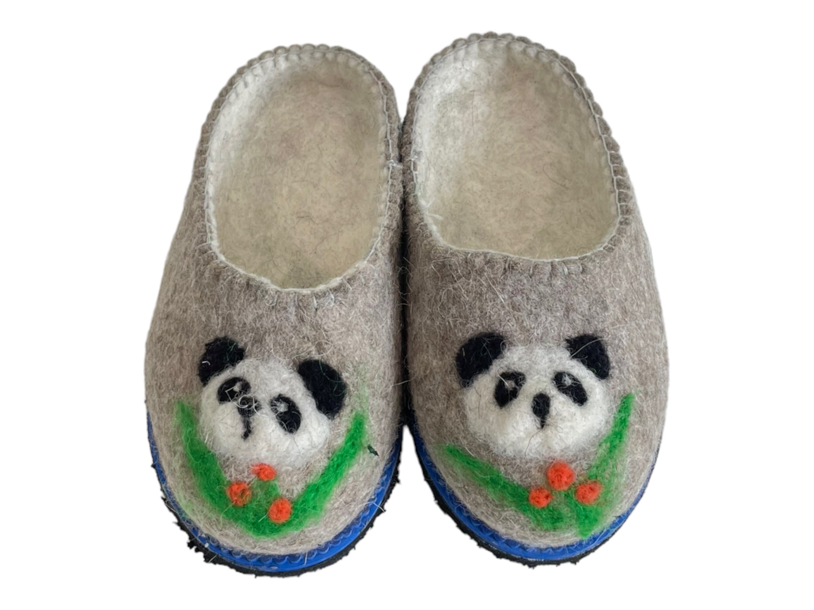 Organic Wool Slippers. Unisex, Handmade Panda Decor. Breathable
