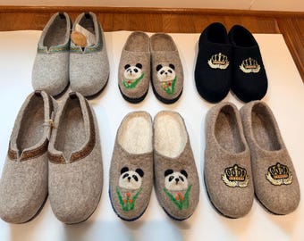 Handmade Organic Mongolian Felt Slippers, Needle-Felted Panda Design, Non-Slip Rubber Sole