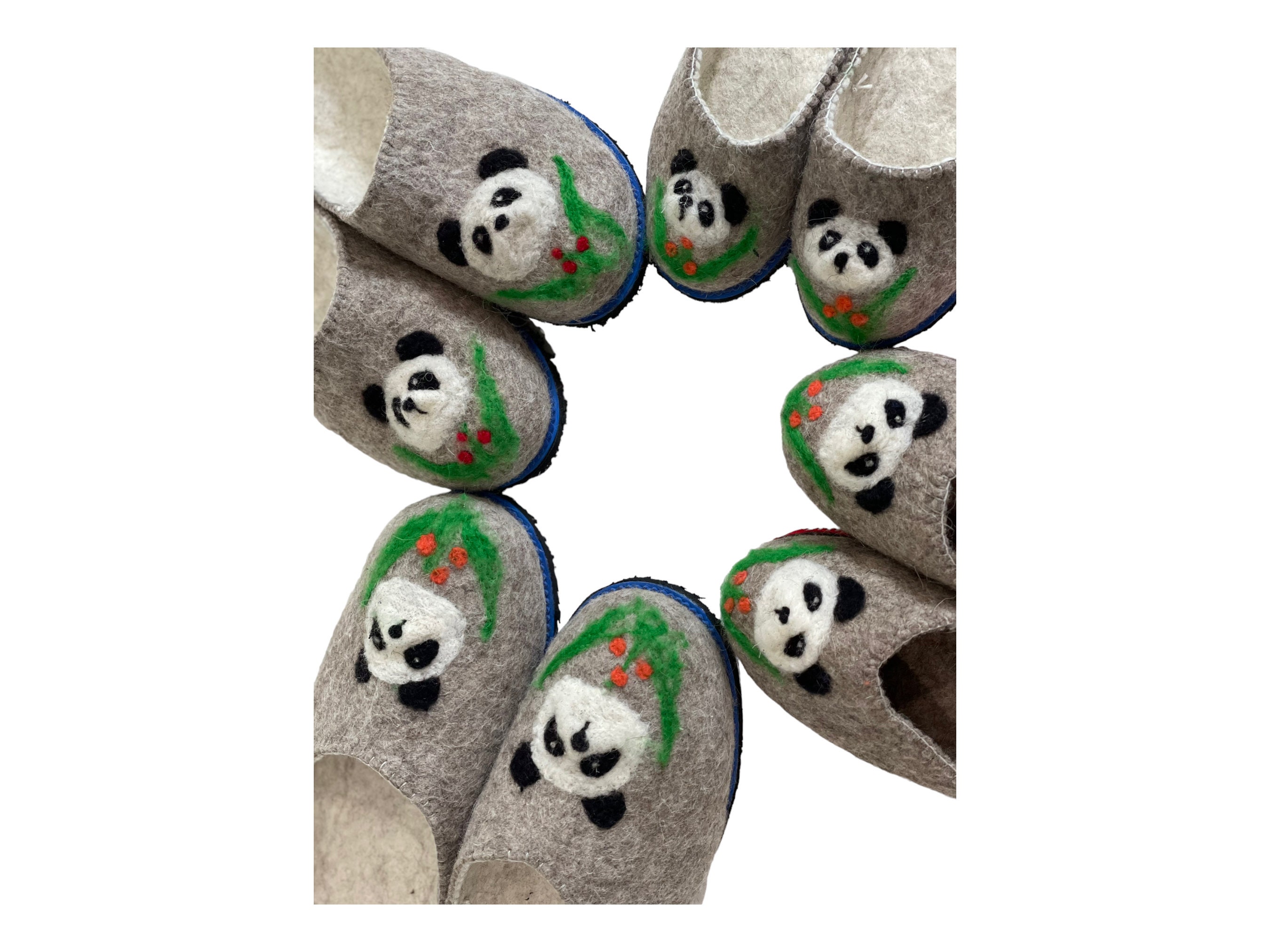 Organic Wool Slippers. Unisex, Handmade Panda Decor. Breathable