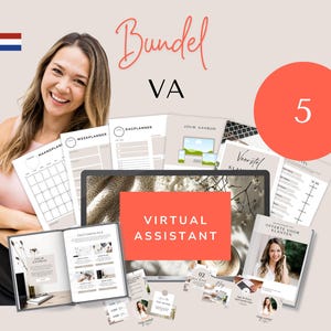 Op de afbeelding: Een digitale productbundel voor virtuele assistenten, met een laptop, planners en andere digitale bronnen. De bundel bevat een rood label met de tekst "VIRTUAL ASSISTANT" en een rode cirkel met het nummer "5" erin.