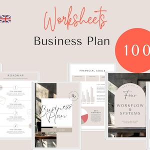 Op de afbeelding: Een set van 100 printbare werkbladen voor het maken van een businessplan. De werkbladen zijn georganiseerd in secties, waaronder een roadmap, financiële doelen, workflow en systemen, en de ideale klant. De werkbladen zijn ontworpen om ondernemers te helpen een uitgebreid businessplan te ontwikkelen.