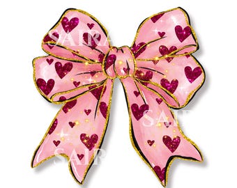 May include: A pink bow with gold glitter and a heart pattern. The bow is tied with a gold ribbon and has a sparkly finish.