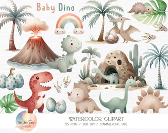 May include: Watercolor clipart set featuring baby dinosaurs, a volcano, palm trees, a rainbow, and eggs. The set includes 25 PNG files at 300 DPI for commercial use.