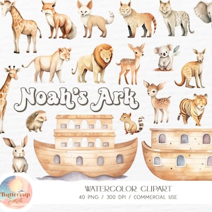 40 Noah&#39;s Ark Watercolor Clipart PNG Digital Download | Noah&#39;s Ark Baby Shower Birthday Party Clipart | Noah&#39;s Ark Baby Nursery PNG