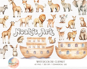 May include: Watercolor clipart featuring various animals, including a giraffe, lion, and elephant, along with a depiction of Noah's Ark. The text "Noah's Ark" is displayed prominently, with additional text indicating the clipart's specifications.