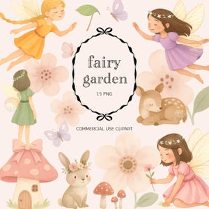 NOUVEAUTÉ 2025 : Jardin féerique aquarelle Clipart PNG en téléchargement numérique | Clipart mignon pastel forêt enchantée de conte de fées anniversaire fée papillon