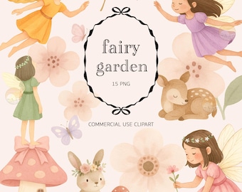 Fairy Garden Clipart: Pastel Fairytale Woodland Fairies Enchanted Forest Birthday (PNG Digital Download)