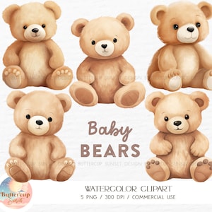 5 baby beren aquarel clipart PNG digitale download | Teddybeer Baby Douche Beer Verjaardag Beer Kwekerij Transparante Achtergrond PNG Clipart