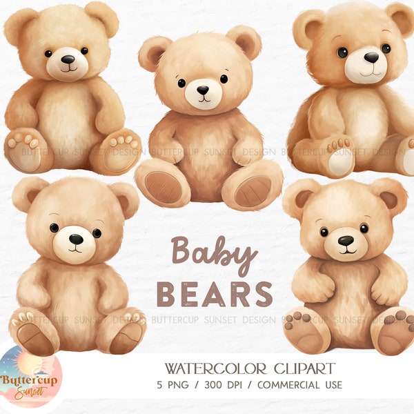 5 Baby Bears Watercolor Clipart PNG Digital Download | Teddy Bear Baby Shower Bear Birthday Bear Nursery Transparent Background PNG Clipart
