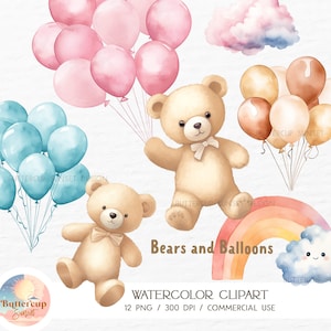 12 oursons en peluche flottants et ballons aquarelle Clipart PNG téléchargement numérique | Nous pouvons Bearly attendre Baby shower ours tenant des ballons Clipart