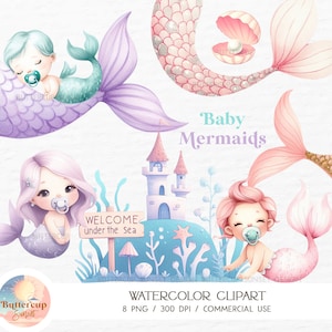 8 bébés sirènes aquarelle Clipart PNG en téléchargement numérique | Queues de sirène pastel bébé sirènes sur queues Clipart | Fête prénatale sirène PNG