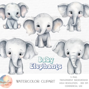 5 Elefantes bebés acuarela clipart PNG descarga digital / Lindo elefante PNG clipart elefante cumpleaños guardería bebé elefante baby shower PNG