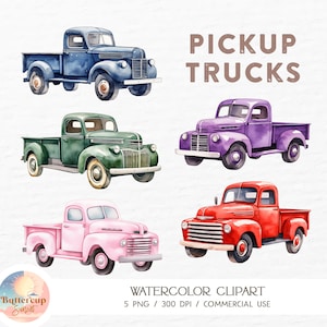 5 Pickup Truck Watercolor Clipart PNG Digital Download | Truck Baby Shower Birthday Decor | High Quality Transparent Background PNG Clipart