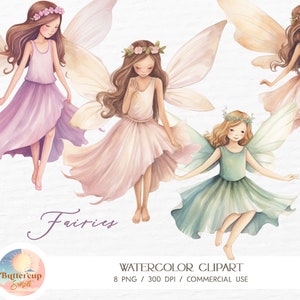 8 fate acquerello clipart PNG download digitale / autunno giardino fata foresta incantata fata rosa tenue viola verde PNG clipart