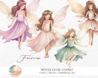 5 Cute Fairies Watercolor Clipart PNG Digital Download | Fairy Birthday ...