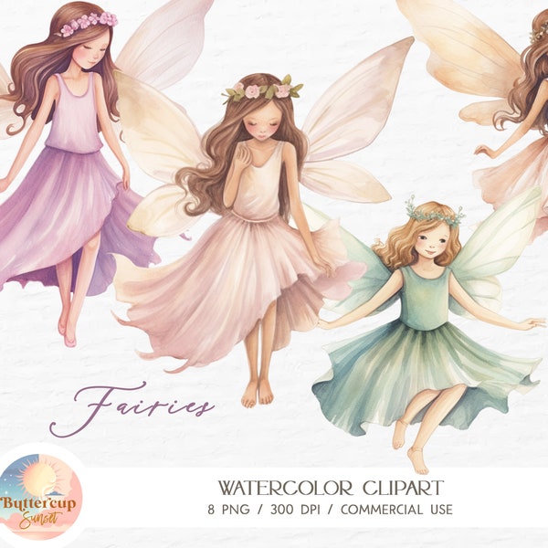 8 Fairies Watercolor Clipart PNG Digital Download | Autumn Fall Garden Fairy Enchanted Forest Soft Pink Purple Green Fairy PNG Clipart