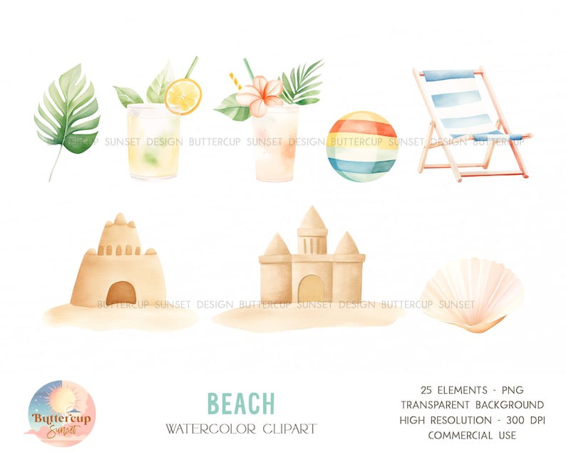 Retro Surfing Beach Watercolor Clipart PNG Digital Download | Pastel Beach Surfing Van Clipart | Surf's Up The Big One Birthday Clipart
