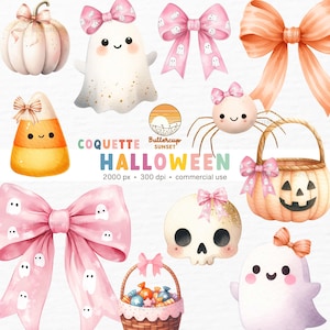 Coquette Halloween Watercolor Clipart PNG Digital Download | Cute Pink Ghost Coquette Bow Pink Coquette Halloween Pumpkin Bow PNG Clipart