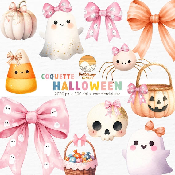 Coquette Halloween Clipart: Coquette Trick or Treat Basket Pink Ghost Bow (PNG Digital Download)