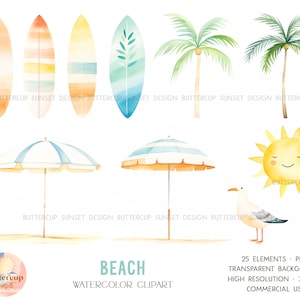 Retro Surfing Beach Watercolor Clipart PNG Digital Download | Pastel Beach Surfing Van Clipart | Surf's Up The Big One Birthday Clipart
