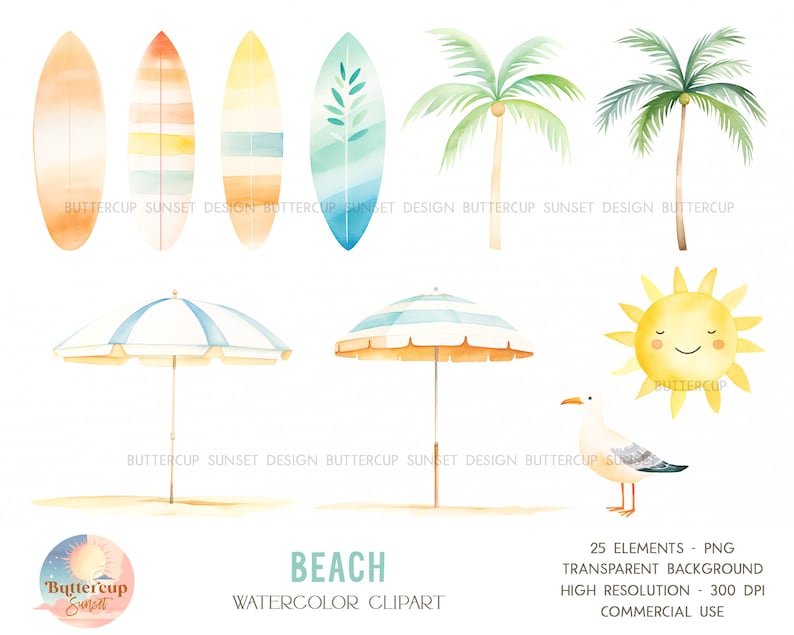 Retro Surfing Beach Watercolor Clipart PNG Digital Download | Pastel Beach Surfing Van Clipart | Surf's Up The Big One Birthday Clipart