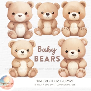 5 Baby Bear Acquerello Clipart PNG Download digitale / Teddy Bear Baby Shower Compleanno Nursery Sfondo trasparente PNG Clipart