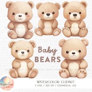 5 Baby Bear Watercolor Clipart PNG Digital Download | Teddy Bear Baby Shower Birthday Nursery Transparent Background PNG Clipart