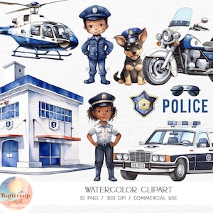10 Police Department Watercolor Clipart PNG | Dark Skin Police Black Police Officer PNG Clipart | Police Vehicles Police Birthday Clipart