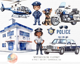 May include: Watercolor clipart set featuring a police station, police car, police officer, police dog, police helicopter, and motorcycle. The set also includes a police badge and sunglasses.