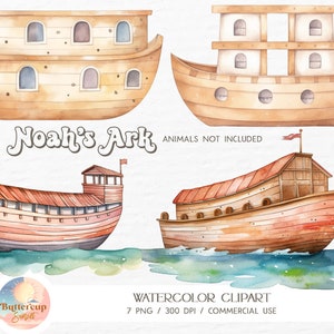 7 Noah&#39;s Ark Watercolor Clipart PNG Digital Download | Bible Baby Nursery Clipart | Noah&#39;s Ark Baby Shower Birthday Clipart [NO ANIMALS]