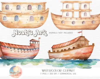 Könnte beinhalten: Aquarell-Clipart der Arche Noah in drei verschiedenen Stilen. Die Arche ist als Holzboot mit rotem Dach und Fenstern dargestellt. Der Text "Noah's Ark" ist in einer Retro-Schrift geschrieben. Der Text "ANIMALS NOT INCLUDED" steht unter der Arche.