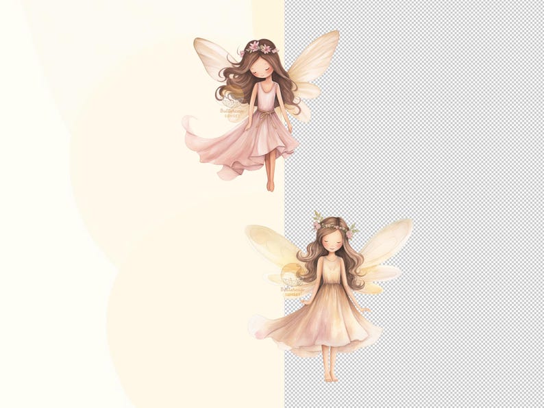 May include: Two watercolor illustrations of fairies with wings, floral crowns, and flowing dresses. The fairies have brown hair and are depicted with a whimsical and delicate style.