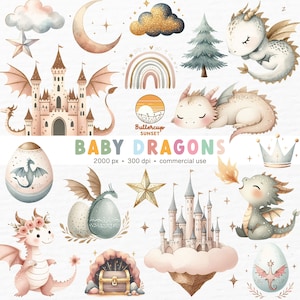 22 Baby Drachen Aquarell Clipart PNG Digital Download | Niedliche Boho Gold Glitter Drachen Clipart | Drachen Geburtstag Magische Party PNG Clipart