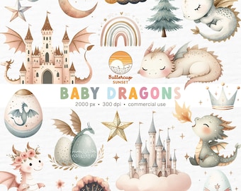 Clipart de dragones bebés: Fiesta mágica mítica de cumpleaños con dragón con purpurina bohemia (Descarga digital PNG)