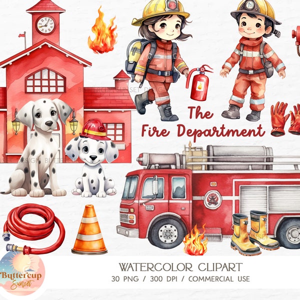 30 pompiers aquarelle Clipart PNG | Caserne de pompiers pompier pompier PNG Clipart | Pompier Pompier Camion Anniversaire Nursery Clipart