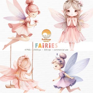 4 fées pastel aquarelle Clipart PNG en téléchargement numérique | Clipart de fée mignonne de jardin de fées | Clipart Forêt enchantée, rose tendre, fée violette