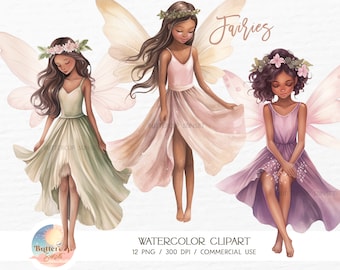 May include: Three watercolour illustrations of fairies with wings, floral crowns, and flowing dresses. The fairies have brown skin and long dark hair. The fairies are wearing green, pink, and purple dresses. The text "Fairies" is written in cursive at the top of the image.