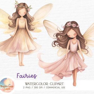 May include: Two watercolor illustrations of fairies with wings. The fairy on the left has light brown hair, a floral crown, and a light brown dress. The fairy on the right has dark brown hair, a floral crown, and a pink dress.
