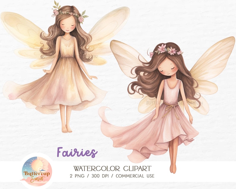 May include: Two watercolor illustrations of fairies with wings. The fairy on the left has light brown hair, a floral crown, and a light brown dress. The fairy on the right has dark brown hair, a floral crown, and a pink dress.