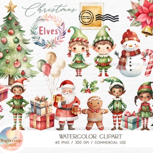 40 Elfos de Natal em Aquarela Clipart PNG para Download Digital | Elfo de Natal com Letras de Elfo de Gengibre e Papai Noel | Elfos de Pele Escura Clipart