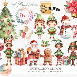 40 Christmas Elves Watercolor Clipart PNG Digital Download | Christmas Elf Santa Gingerbread Elf Letters Clipart | Dark Skin Elves Clipart