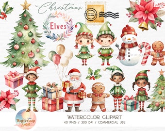 40 Christmas Elves Watercolor Clipart PNG Digital Download | Christmas Elf Santa Gingerbread Elf Letters Clipart | Dark Skin Elves Clipart