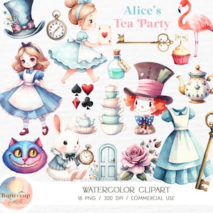 18 Alice Tea Party aquarelle Clipart PNG en téléchargement numérique | Alice au pays des merveilles Onederland Clipart | Tea Party Les Aventures D'Alice PNG