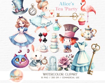 18 Alice Tea Party Watercolor Clipart PNG Digital Download | Cute Alice Wonderland Onederland Clipart | Alice's Adventures Mad Tea Party PNG