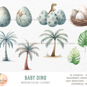 May include: Watercolor clipart set featuring a baby dinosaur, palm trees, and tropical leaves. The set includes a dinosaur hatching from an egg, a nest with three eggs, and two palm trees. The leaves are in shades of green.