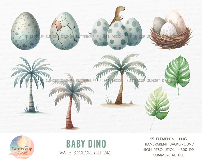 May include: Watercolor clipart set featuring a baby dinosaur, palm trees, and tropical leaves. The set includes a dinosaur hatching from an egg, a nest with three eggs, and two palm trees. The leaves are in shades of green.