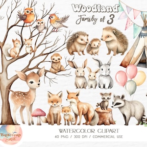 40 Animais da Floresta - Família de 3 - Clipart em Aquarela - PNG para Download Digital | Família de 3 - Arte PNG | Clipart para Festa de Aniversário e Chá de Bebê na Floresta