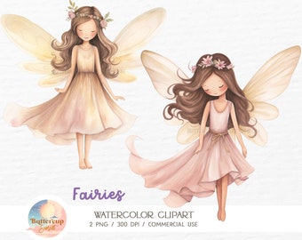 2 Cute Fairies Watercolor Clipart PNG Digital Download | Fairy Birthday Fall Garden Fairy Enchanted Forest Soft Pink Fairy PNG Clipart